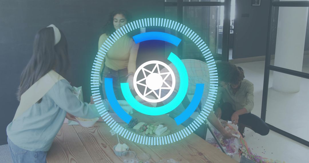 Coworking Team Preparing Snack Table with Holographic Digital Interface Overlay