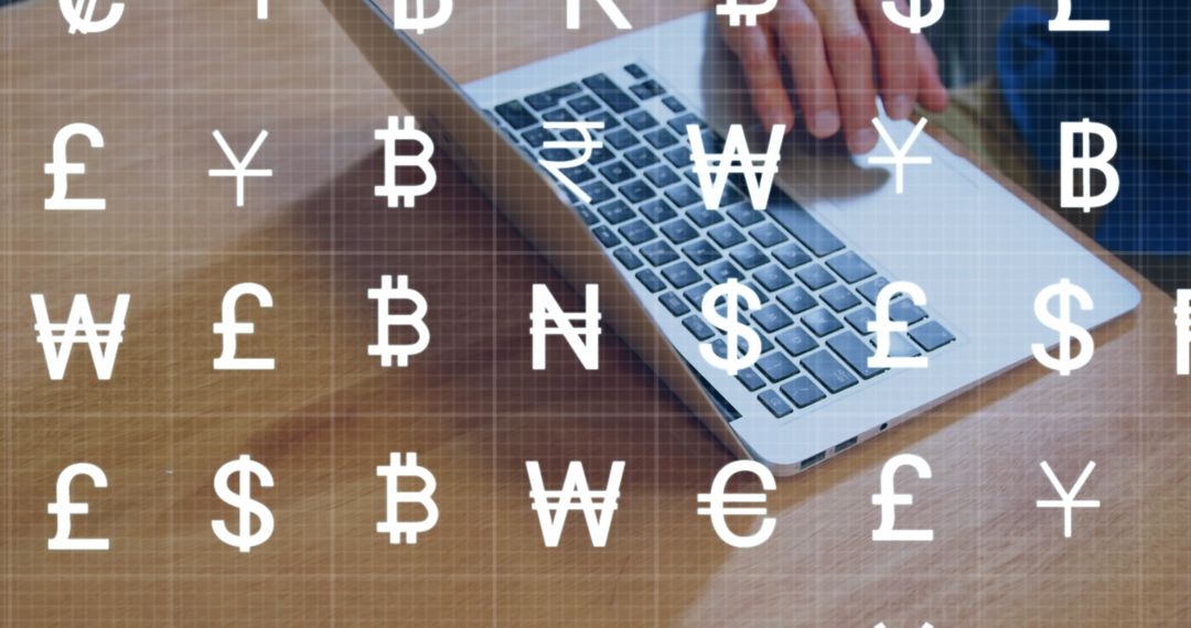 Hands Using Laptop with Currency Symbols Overlay