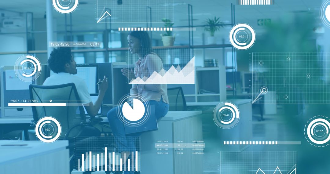 Diverse Coworkers Sharing Ideas with Digital Graphs Overlay