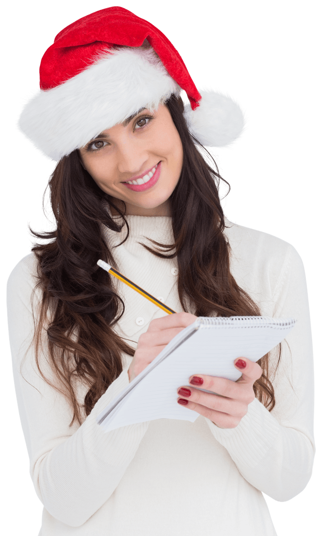 Smiling Woman in Santa Hat Writing Christmas List Transparent Background