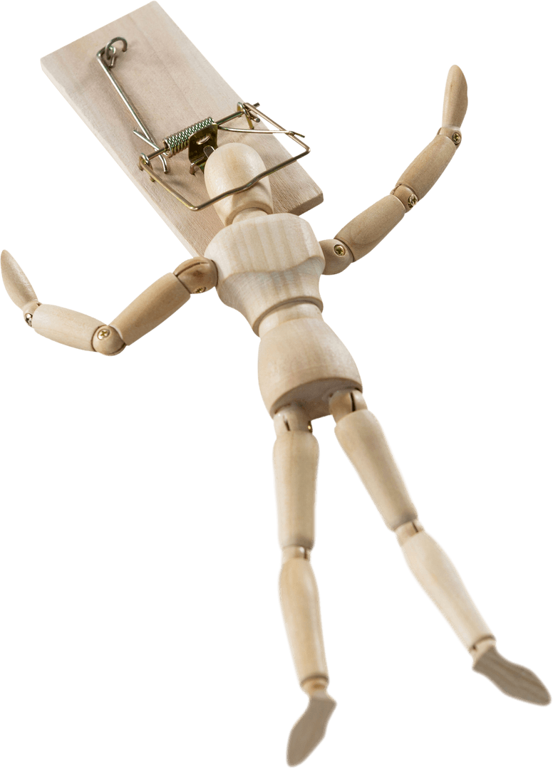 Wooden Mannequin Caught in Transparent Mouse Trap Conceptual Illustration