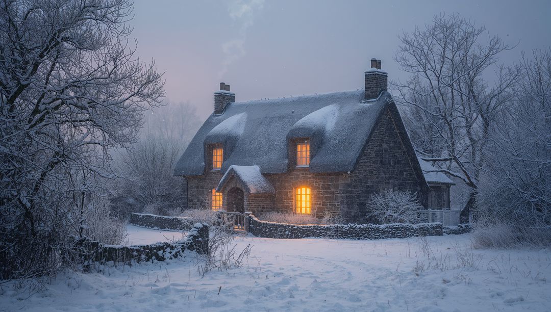 Snow-covered thatched stone cottage glowing with warm windows at twilight in countryside