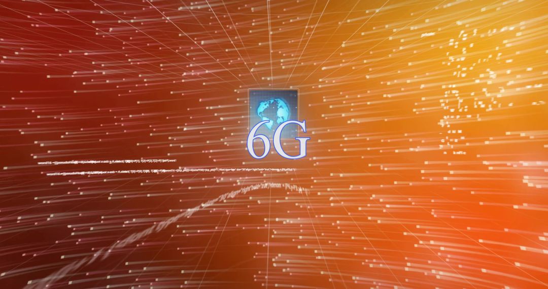 Radiating 6G Network Logo Pulsing Globe Over Futuristic Orange Datastream Particle Grid
