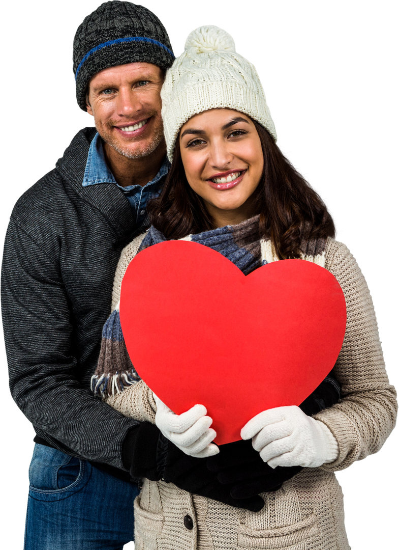 Happy Festive Couple in Winter Clothes Holding Heart Shape on Transparent Background - Download Free Stock Images Pikwizard.com