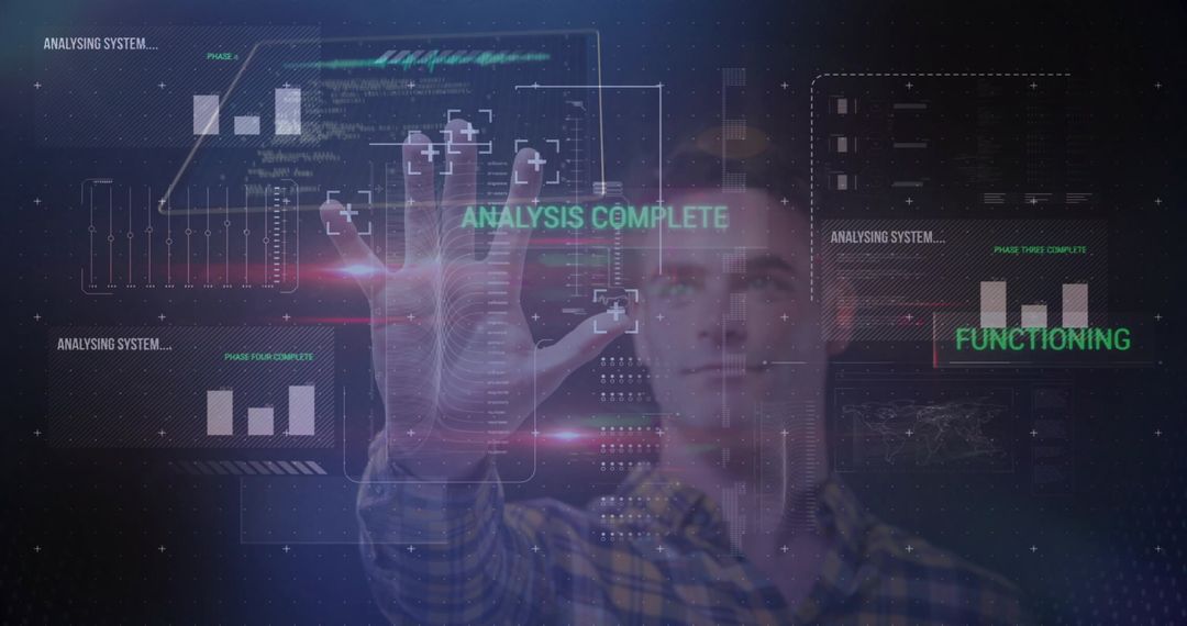 Adult Male Interacting with Futuristic Holographic Interface and Data Analytics HUD