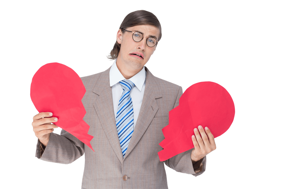 Transparent Geeky Businessman Holding Broken Heart Props