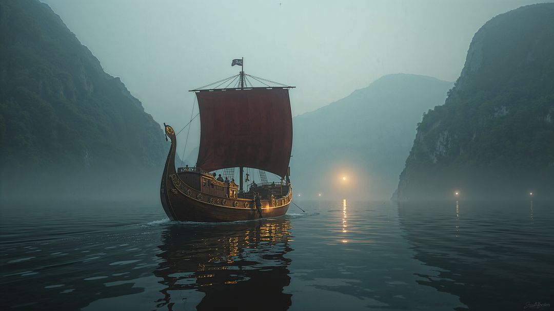 Viking Longship Navigating Misty Fjord at Dusk