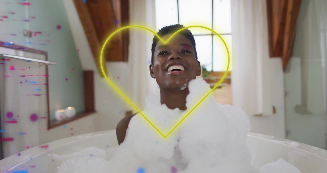 Joyful Woman Relaxing in Foam Bath with Neon Art