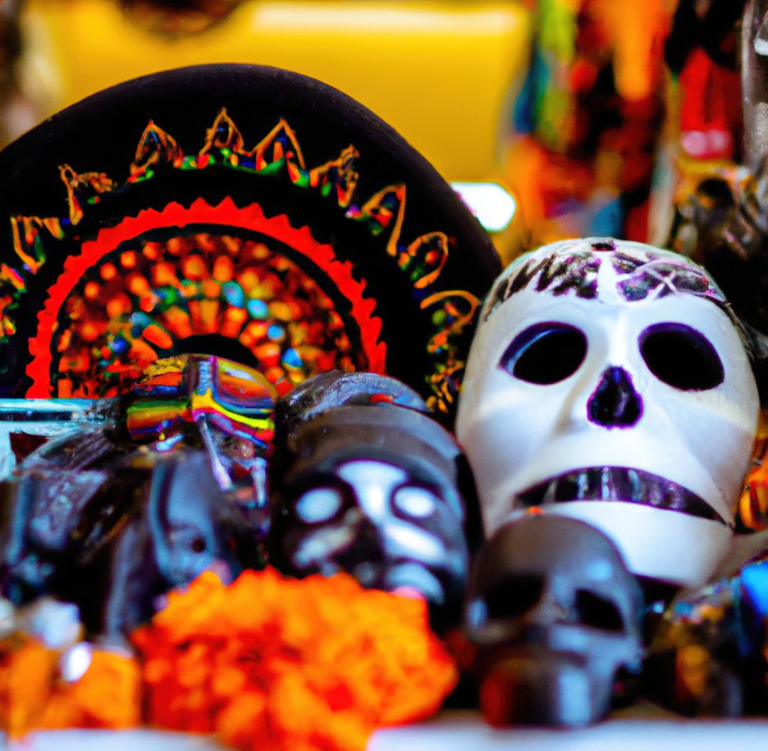 Image of close up of mexican decorated hand made vibrant coloured decorations and skulls - Free Images, Stock Photos and Pictures on Pikwizard.com