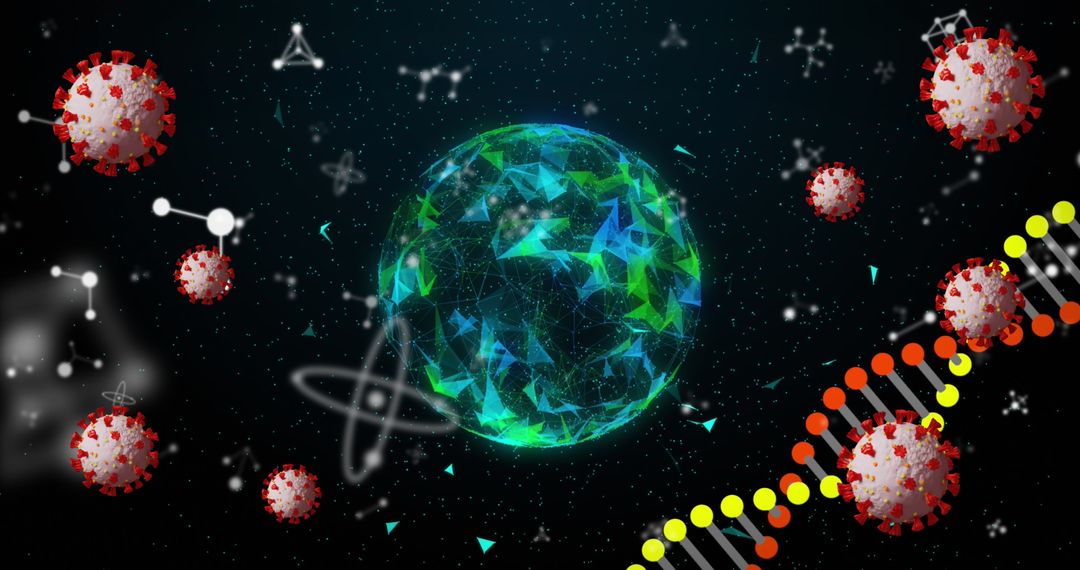 Floating Globe with Coronavirus and DNA Helix in Digital Space