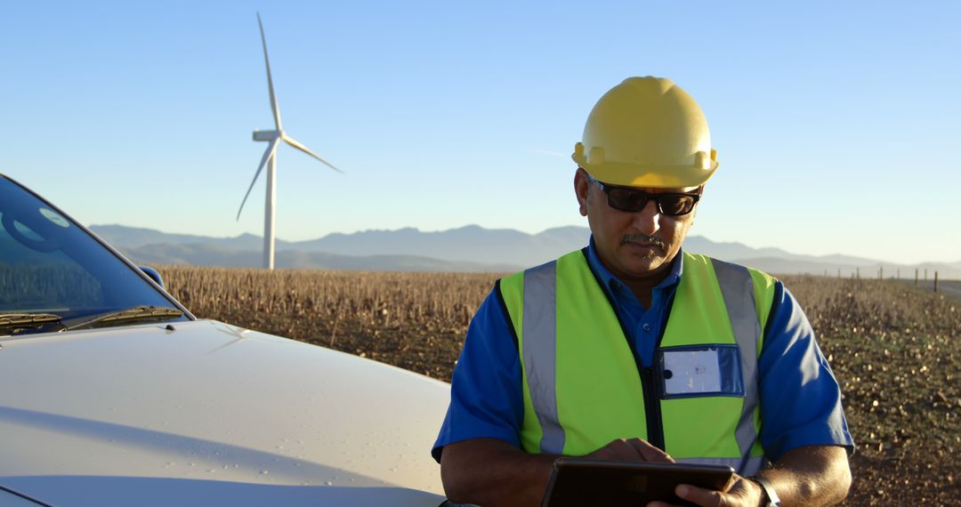 Engineer Checking Data on Tablet at Wind Farm with Turbine - Free Images, Stock Photos and Pictures on Pikwizard.com