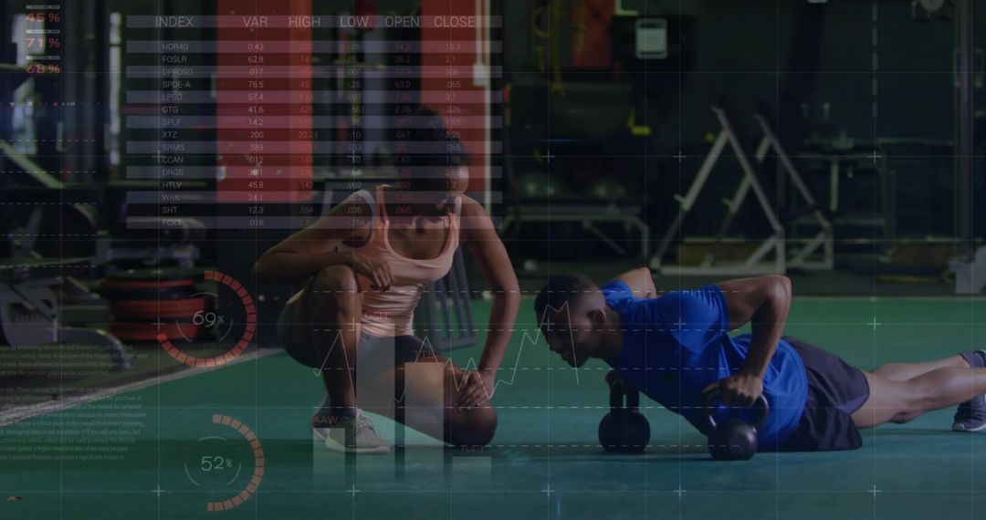 Personal Trainer Assisting Client with Push-Ups on Turf with Fitness Metrics