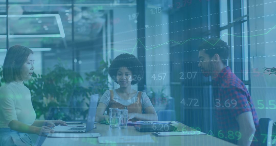 Diverse Team Meeting with Global Financial Data Overlay
