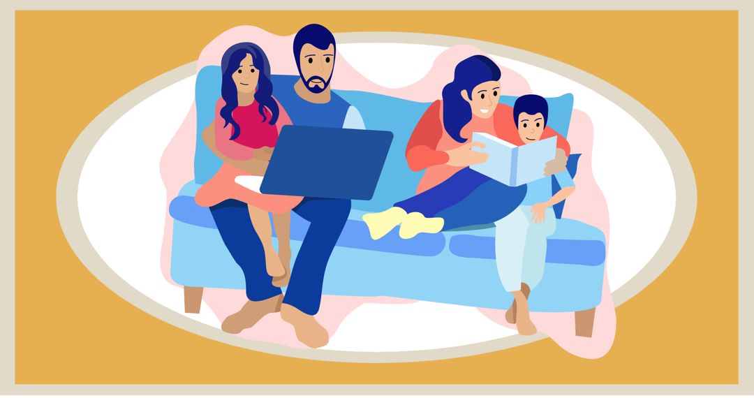 Modern Family at Home Relaxing with Technology and Books