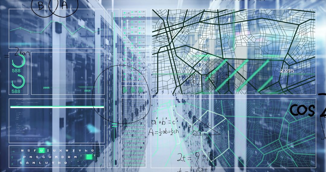 Futuristic Data Interface with Mathematical Equations in Server Room