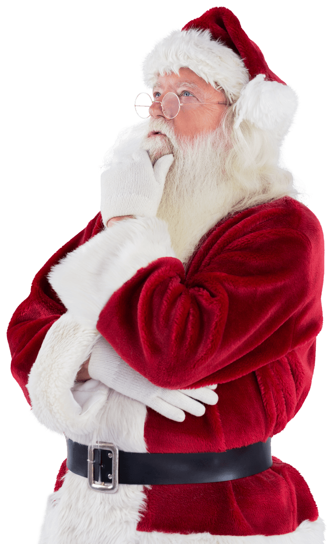 Thoughtful Santa Claus in Red Suit on Transparent Background