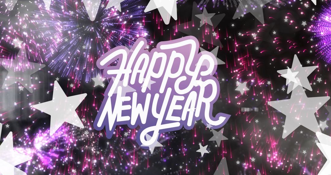 Happy New Year Text with Stars and Fireworks Background