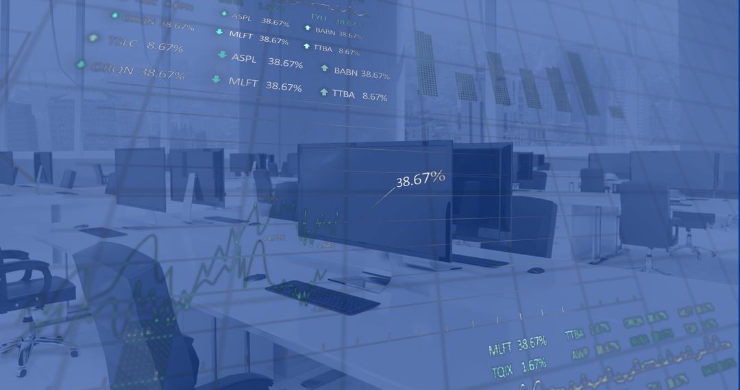 Modern Office with Financial Data and Graphs