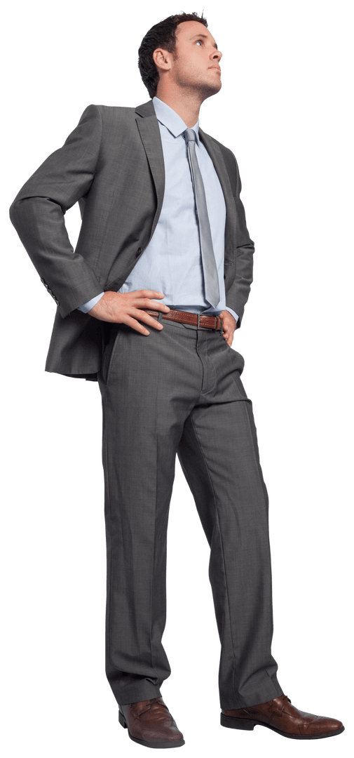 Confident Businessman in Suit Standing with Hands on Hips on Transparent Background