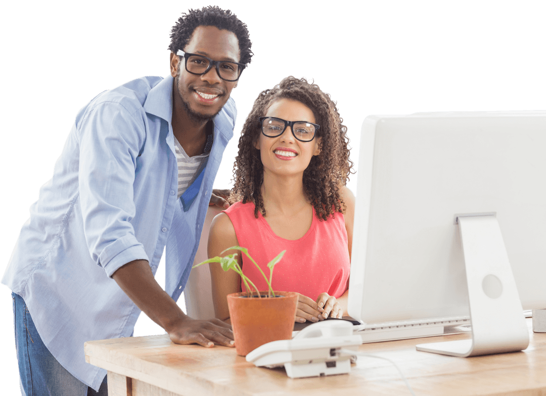 Transparent Smiling Colleagues Working On Desktop Computer