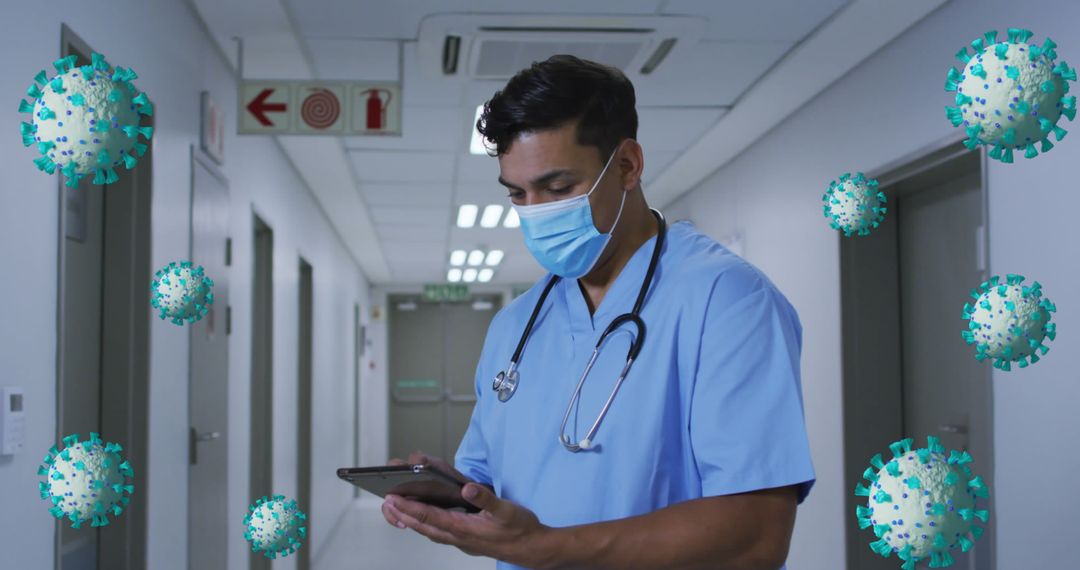 Masked Doctor Checking Tablet in Hospital Corridor
