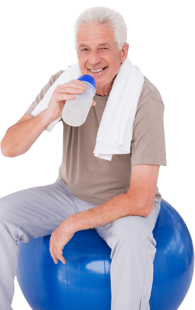 Senior Man Drinking Water While Sitting on Exercise Ball