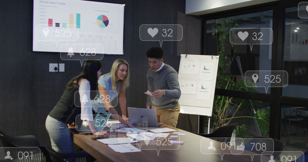 Diverse Team Engaging in Office Discussion with Social Media Overlay