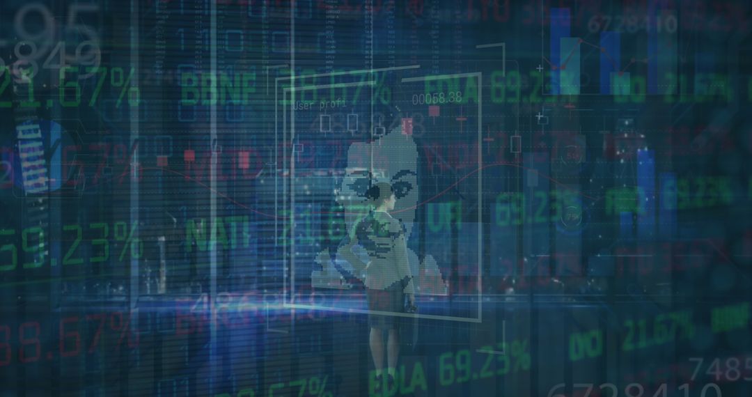 Businesswoman Manipulating Holographic Data in Office at Night