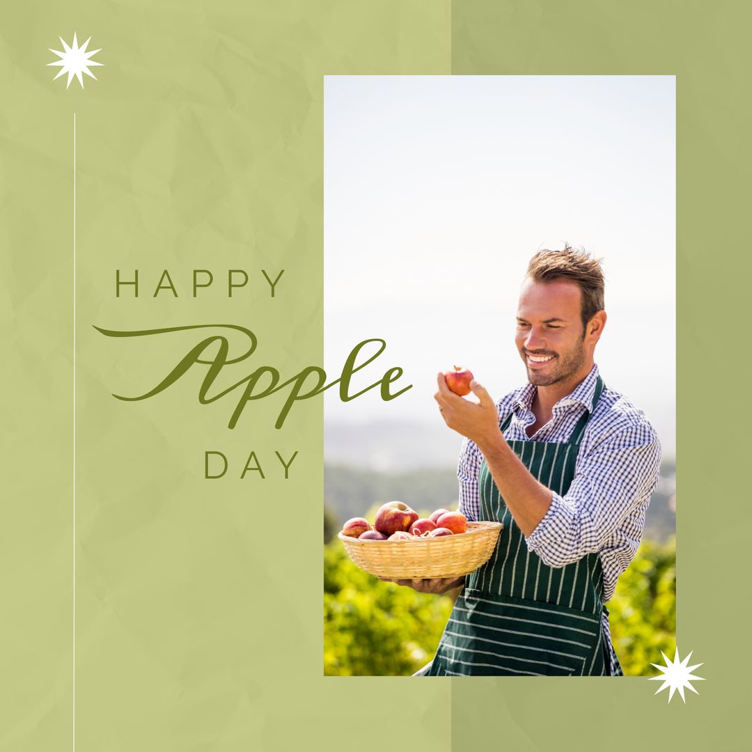Smiling Farmer Celebrating Happy Apple Day in Orchard