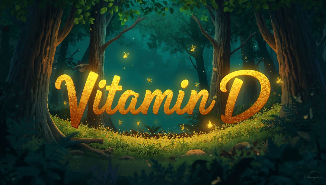 Glowing Golden Vitamin D Lettering Radiating in Enchanted Forest Clearing with Fireflies
