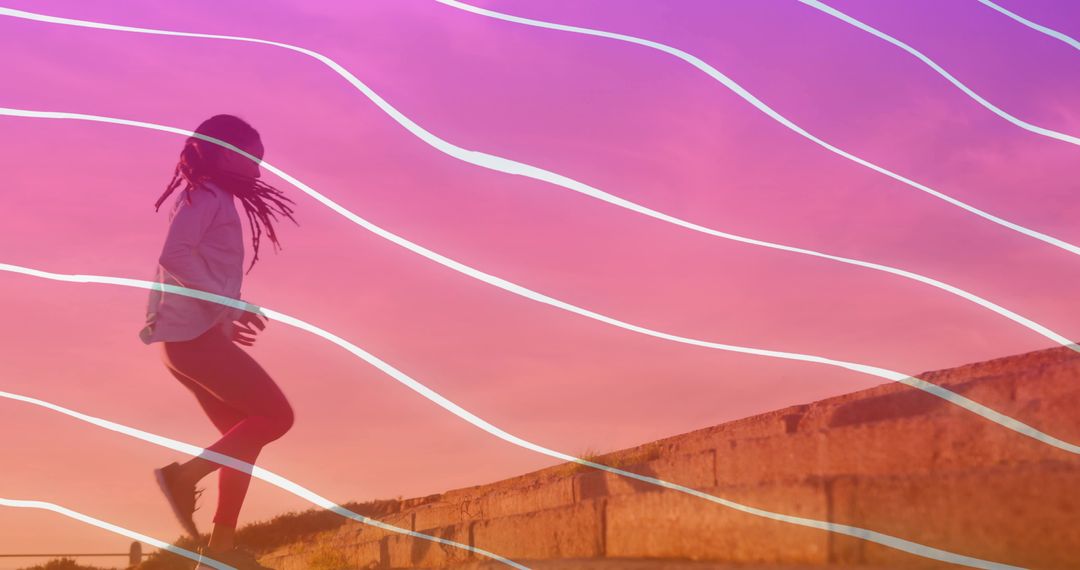 Woman Leaping on Concrete Ledge at Sunset with Vibrant Gradient Wave Overlay