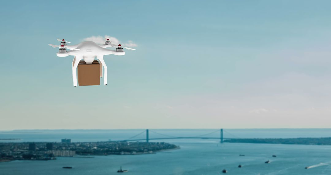 Drone Delivering Package Over Coastal Cityscape at Sunset