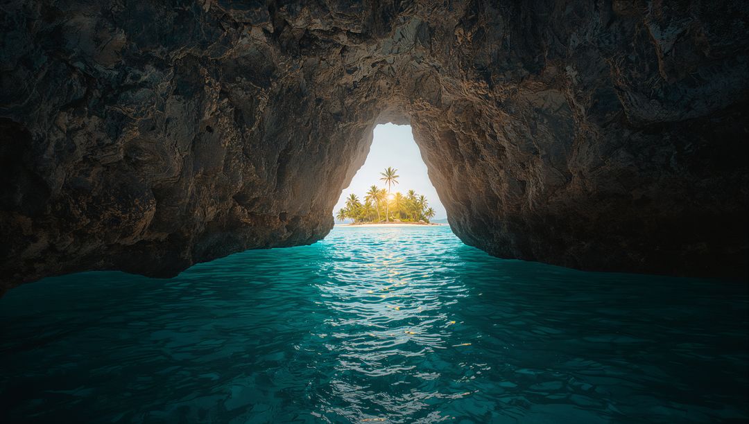 Hidden Cave View to Tropical Paradise Island with Palm Trees