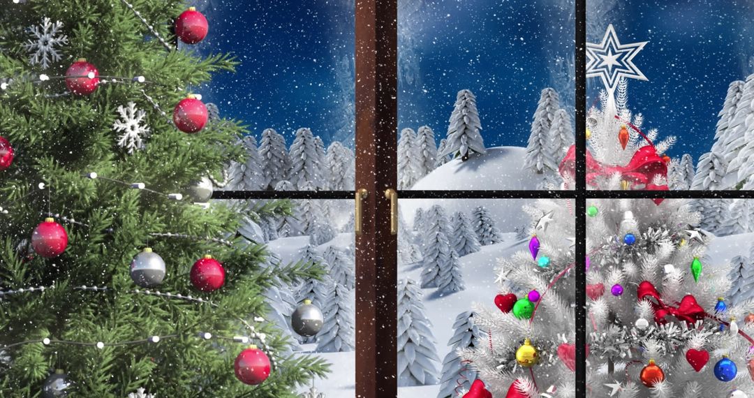 Festive Christmas Trees with Ornaments and Snowy Backdrop