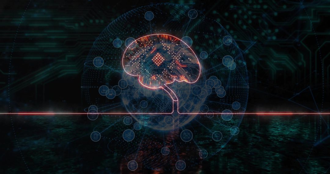 Futuristic AI Brain with Circuitry on Digital Grid