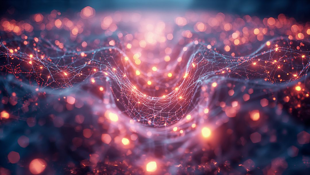 Glowing Wavy Mesh Network in Futuristic Digital Landscape