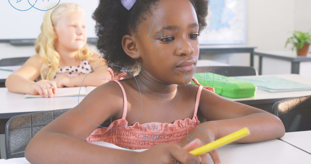 School Girls Studying with Math Formulas Overlay