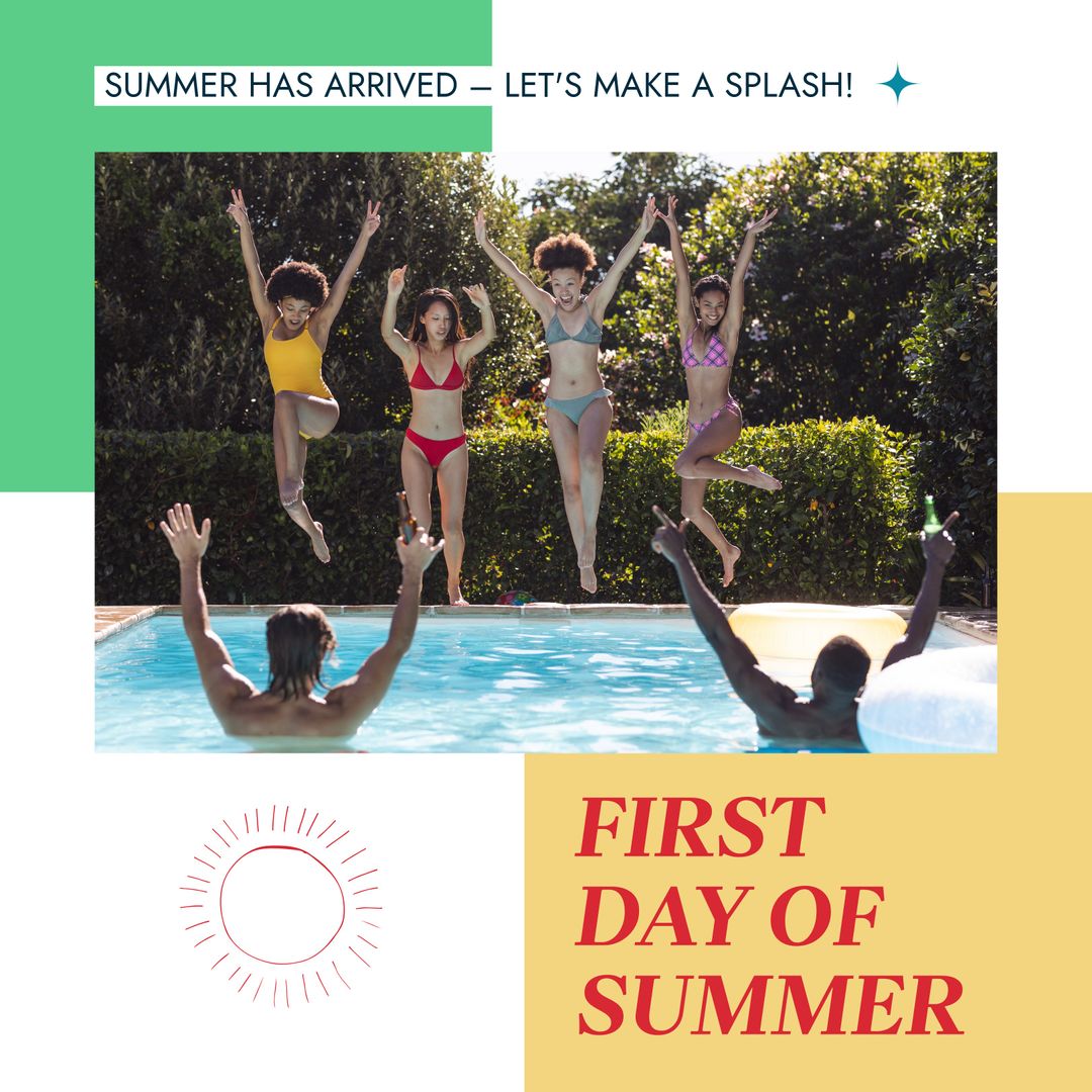 Group of Friends Joyfully Jumping into Pool Celebrating Summer