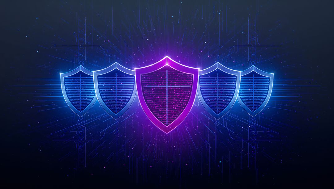 Neon Cyber Shield Network Protecting Data with Central Magenta Emblem and Blue Shields
