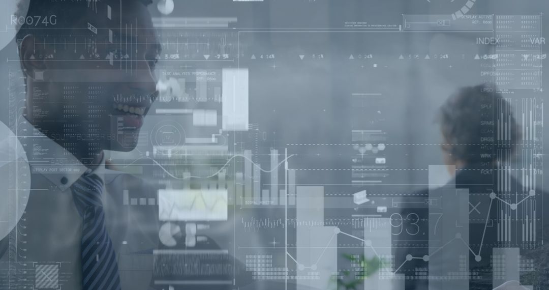 Smiling Businessman Analyzing Futuristic Financial Data Overlay