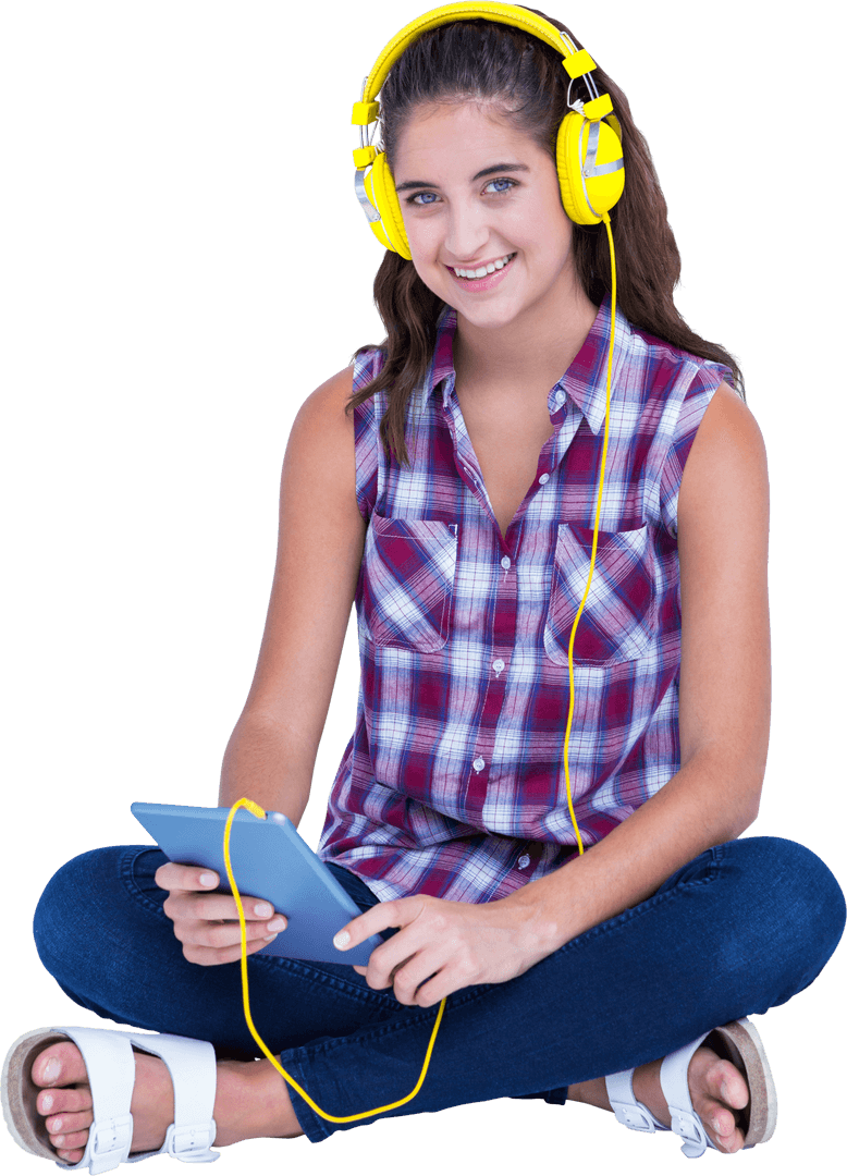 Smiling Young Woman in Plaid and Headphones Sitting Cross-Legged with Tablet Transparent