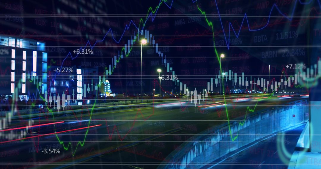 Candlestick Graph Over City Night Traffic for Stock Market Concept