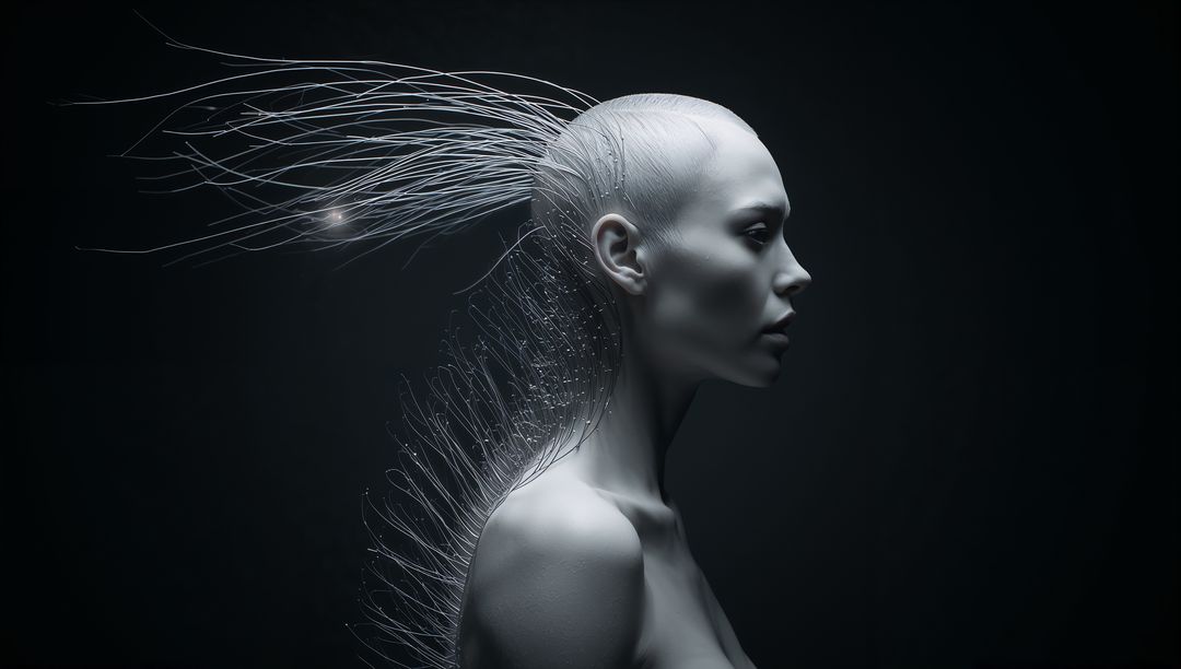 Futuristic luminescent bust with fiber filaments and glowing nodes sculptural portrait
