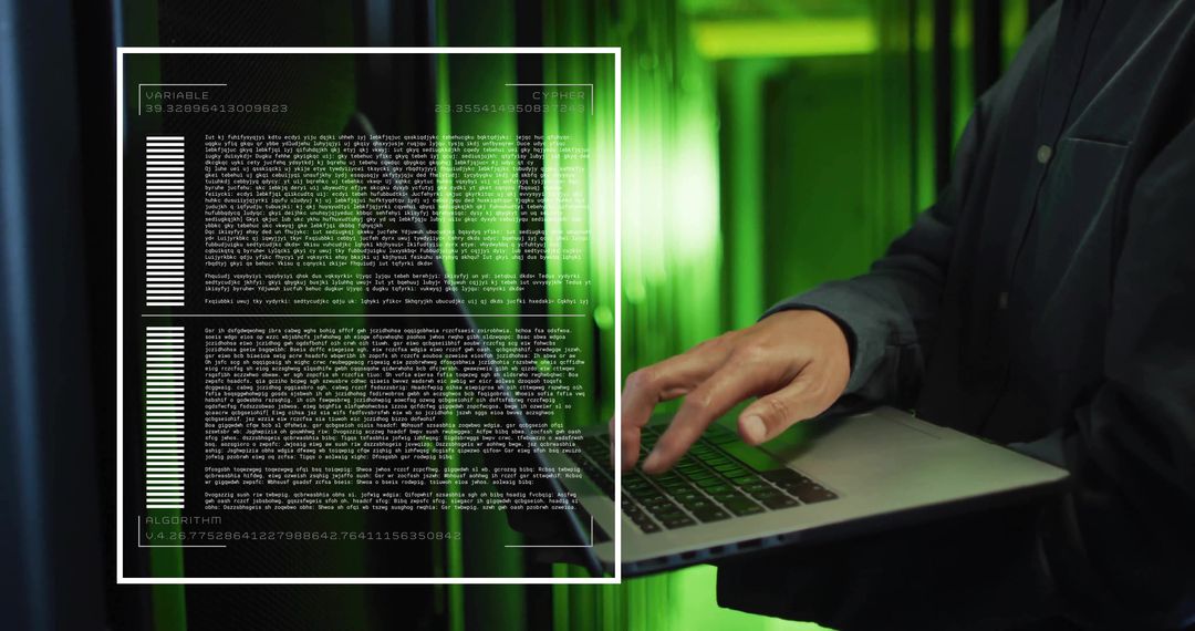 Technician Typing Amid Server Rack with Projected Code Screen