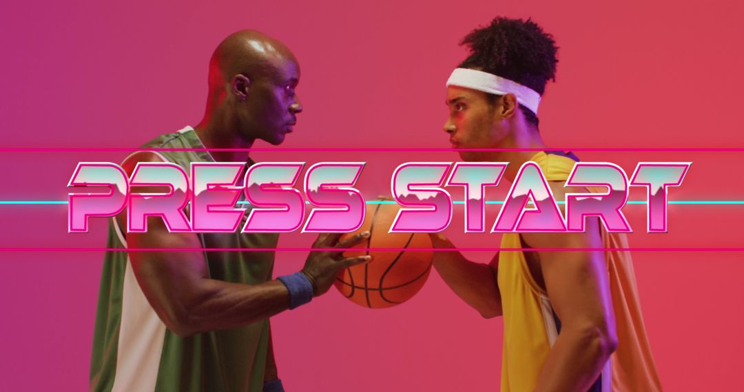 Neon Press Start with Basketball Players Capturing Game Excitement