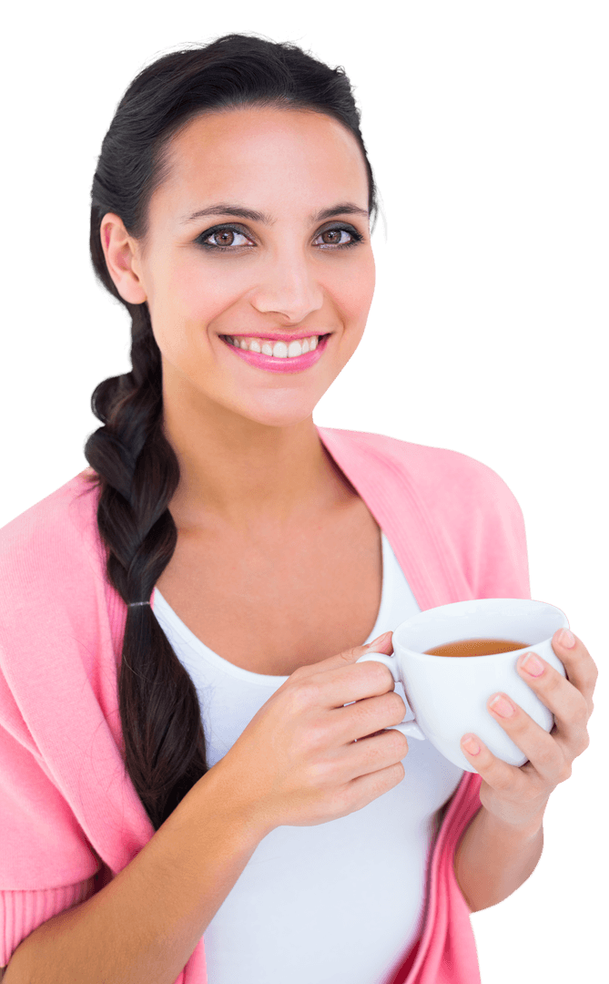 Smiling Woman Holding Coffee Mug on Transparent Background