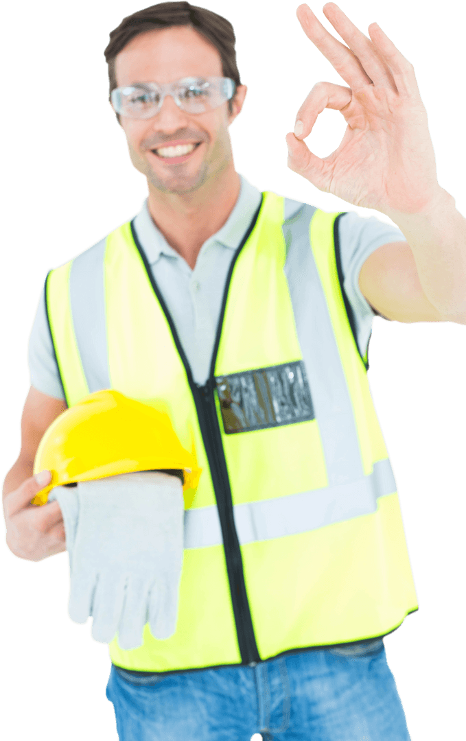Smiling Construction Worker Giving OK Sign on Transparent Background