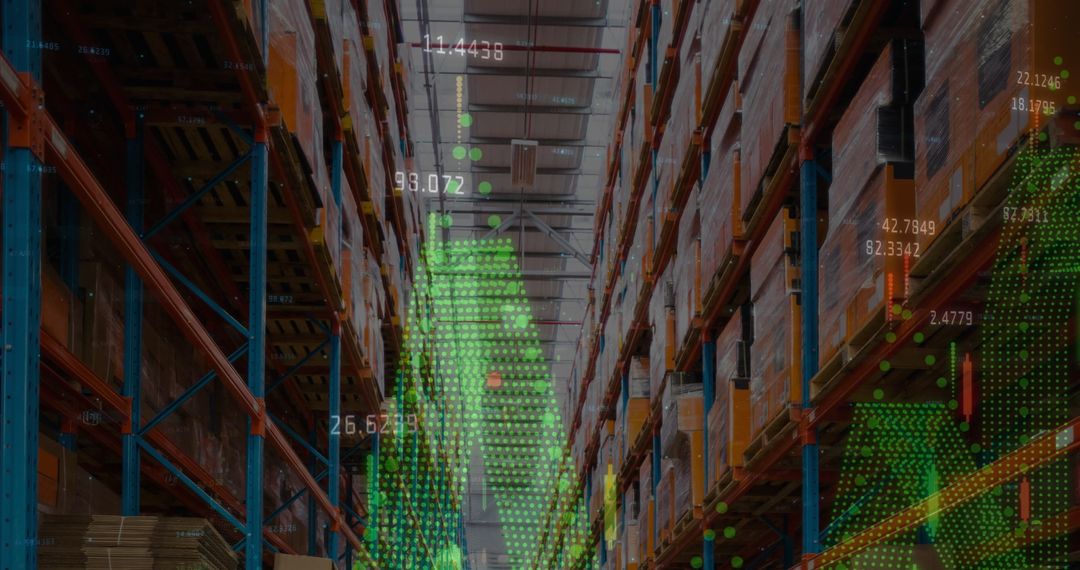 Futuristic Data Overlay in Large Empty Warehouse