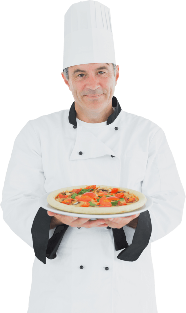 Professional Chef Holding Freshly Made Pizza on Transparent Background
