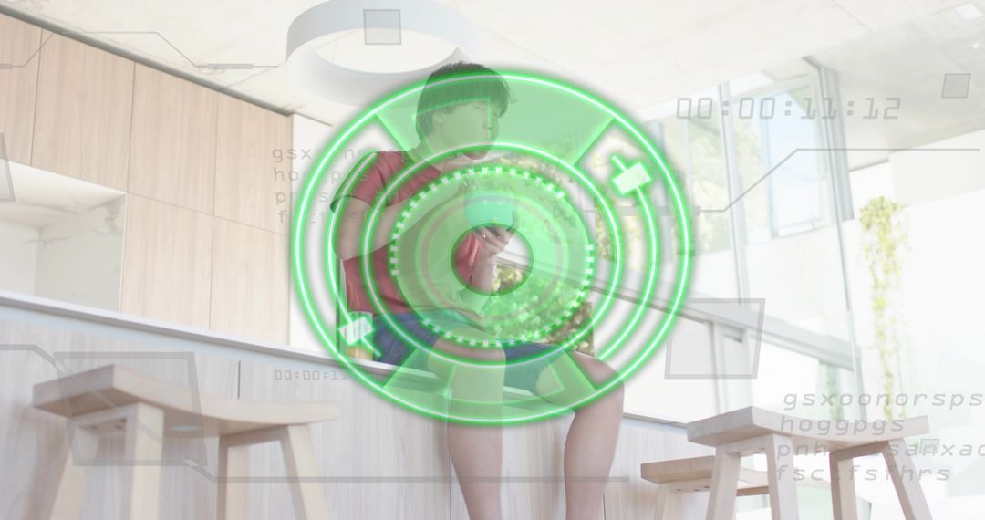 Young Asian Man Perched on Kitchen Counter with Futuristic HUD Overlay Showing Timecode